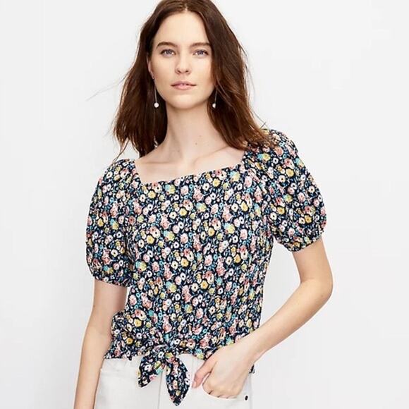 Loft Floral Tie Front Square Neck Blouse Top Medium - Picture 1 of 8